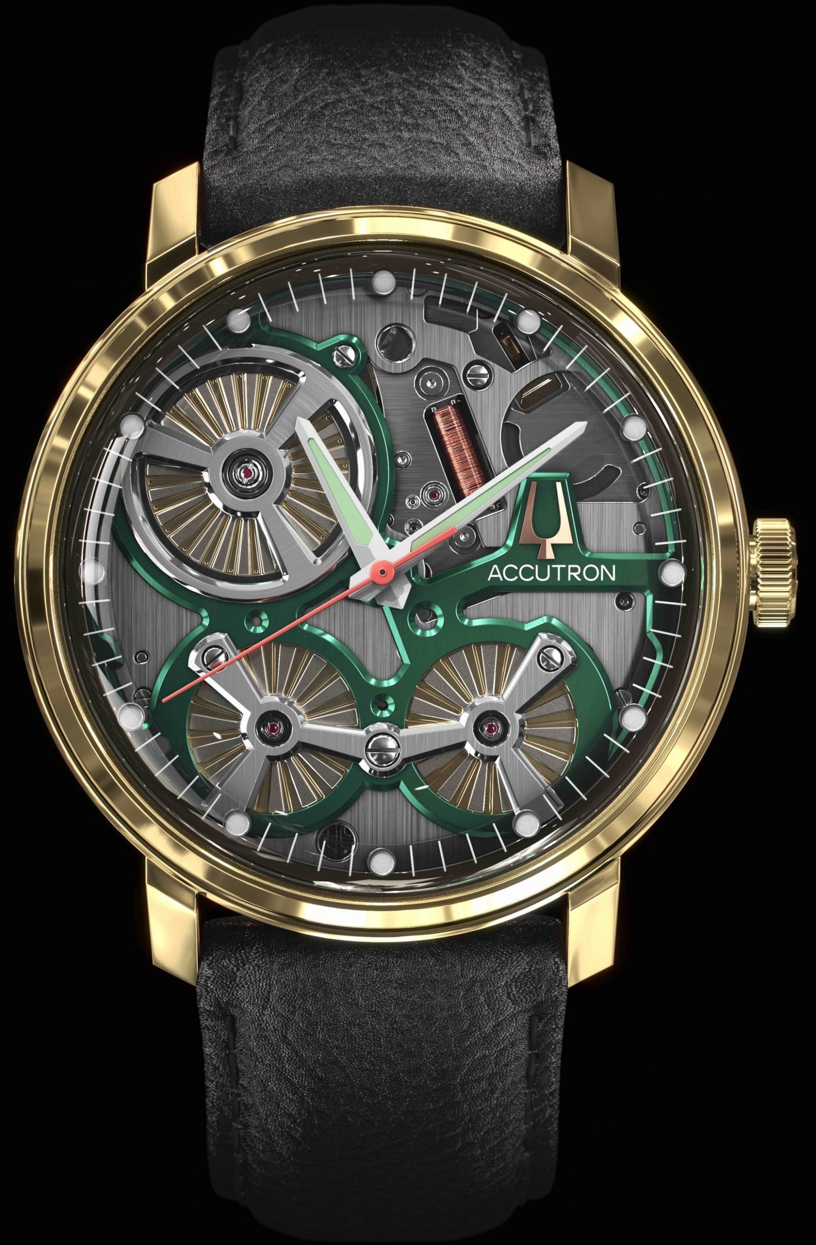 Modern Accutron with green bridges and exposed movement